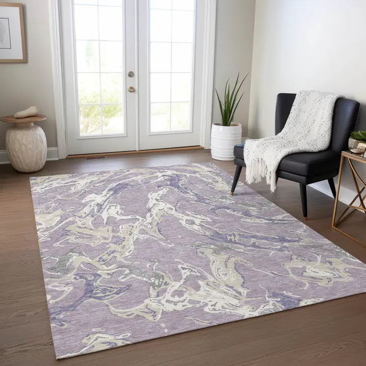 5' X 8' Lavender And Ivory Abstract Washable Indoor Outdoor Area Rug