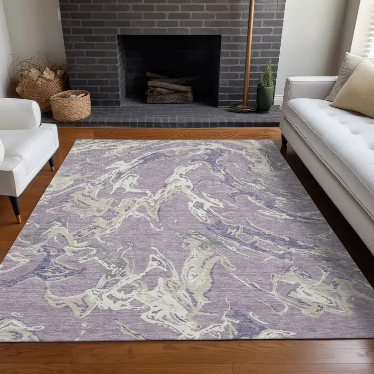 5' X 8' Lavender And Ivory Abstract Washable Indoor Outdoor Area Rug