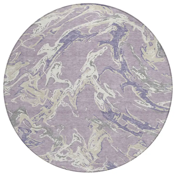 8' Lavender And Ivory Round Abstract Washable Indoor Outdoor Area Rug