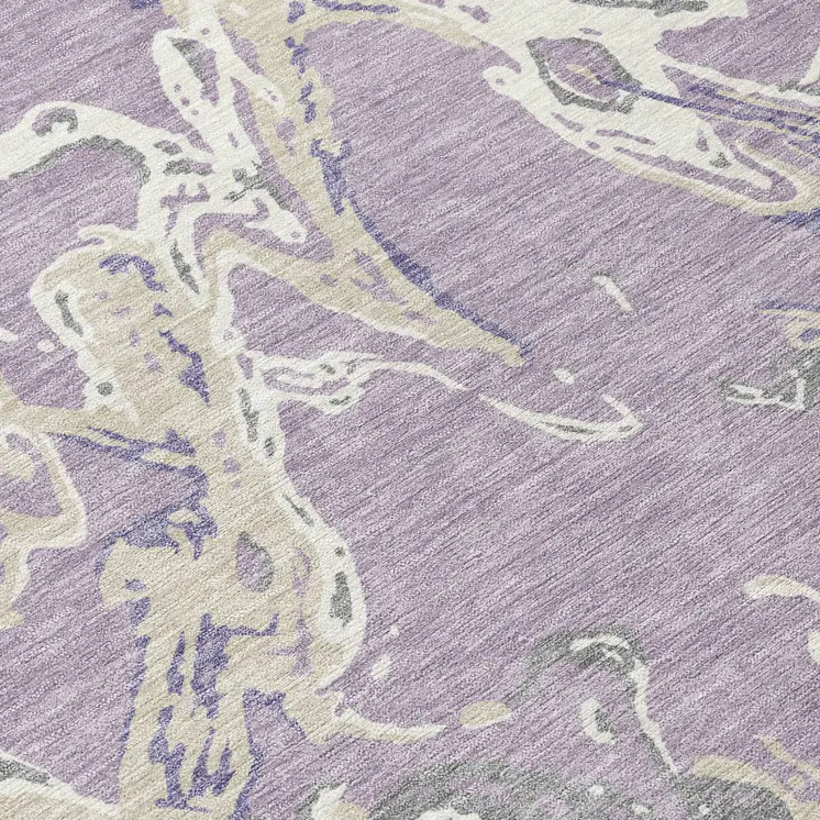 8' Lavender And Ivory Round Abstract Washable Indoor Outdoor Area Rug