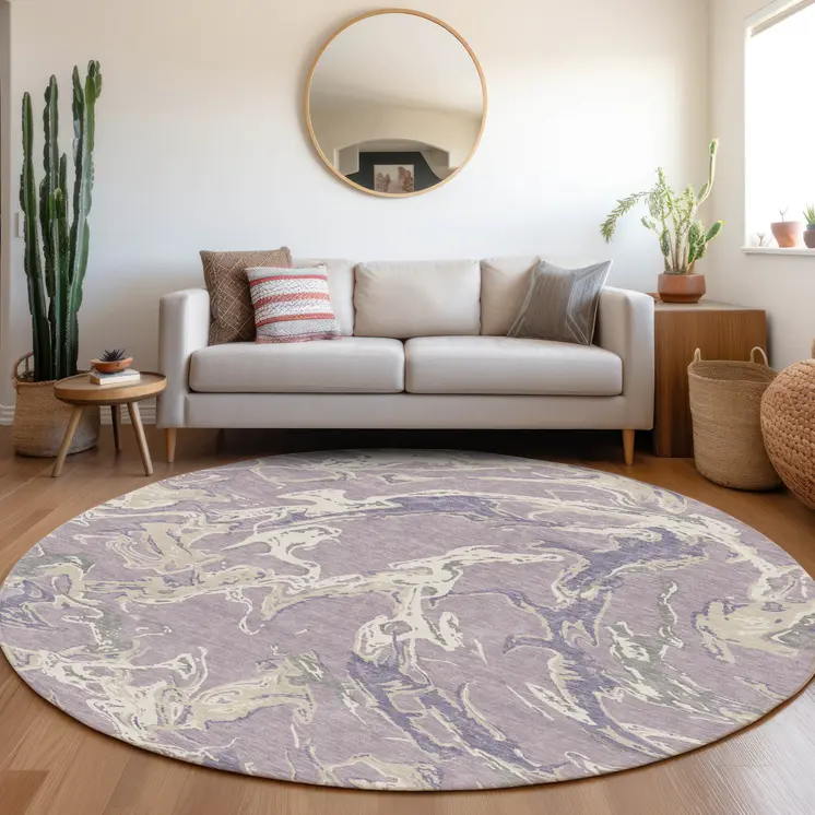 8' Lavender And Ivory Round Abstract Washable Indoor Outdoor Area Rug