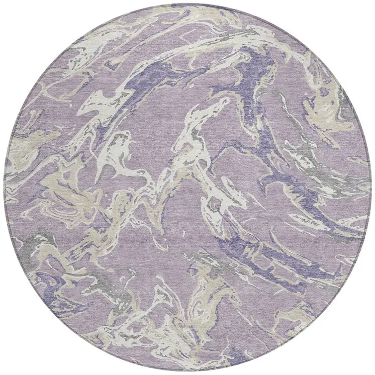 8' Lavender And Ivory Round Abstract Washable Indoor Outdoor Area Rug