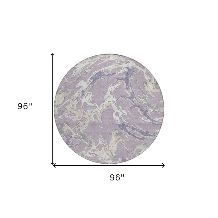 8' Lavender And Ivory Round Abstract Washable Indoor Outdoor Area Rug
