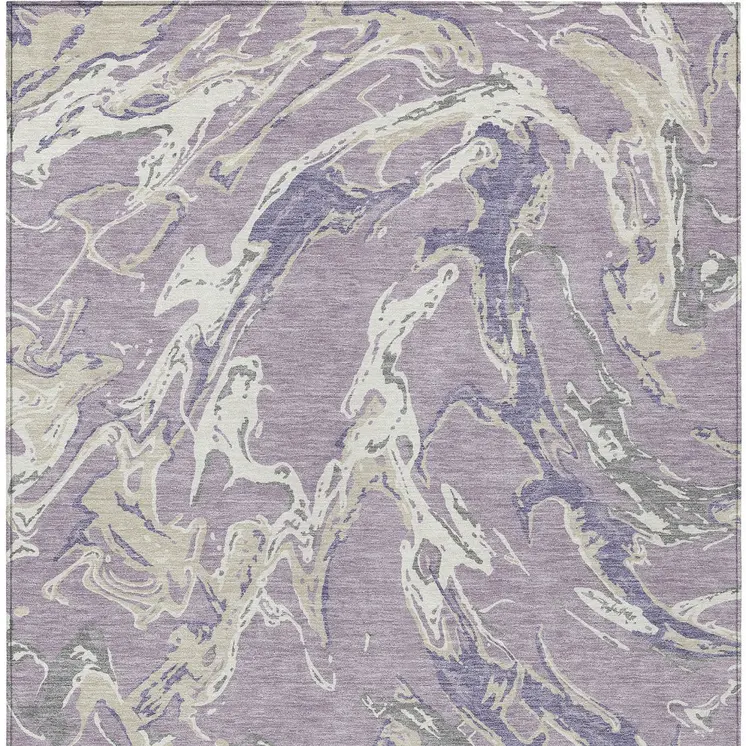 9' X 12' Lavender And Ivory Abstract Washable Indoor Outdoor Area Rug