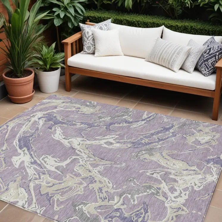 9' X 12' Lavender And Ivory Abstract Washable Indoor Outdoor Area Rug
