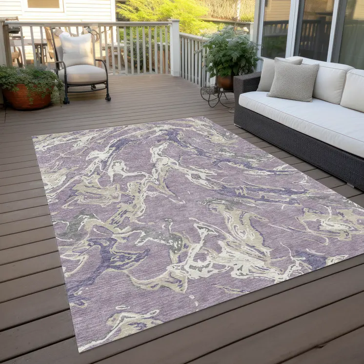 9' X 12' Lavender And Ivory Abstract Washable Indoor Outdoor Area Rug