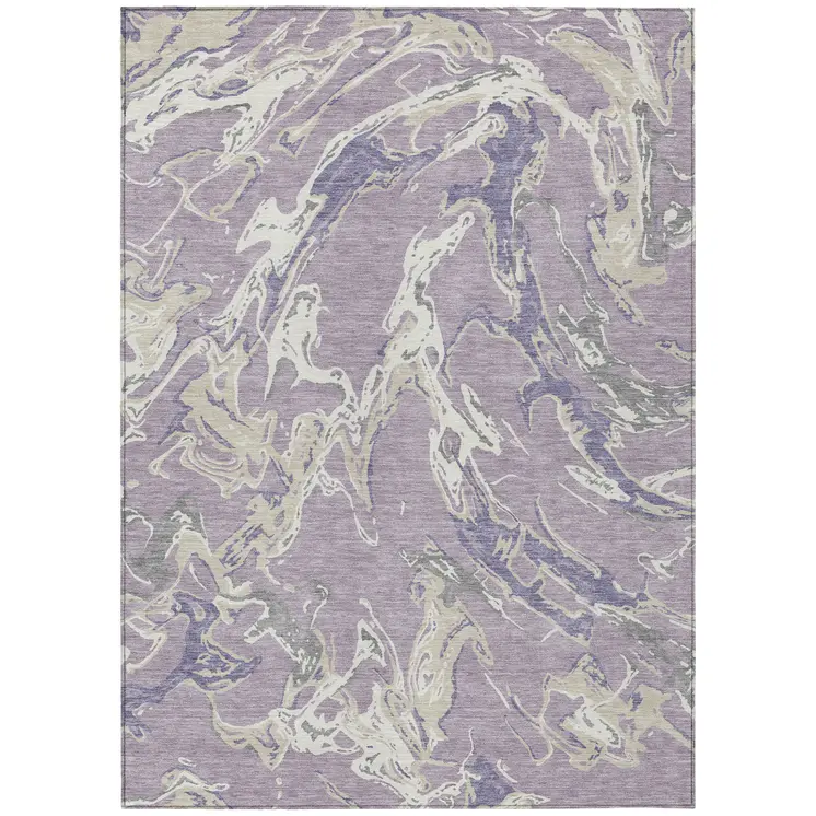 9' X 12' Lavender And Ivory Abstract Washable Indoor Outdoor Area Rug