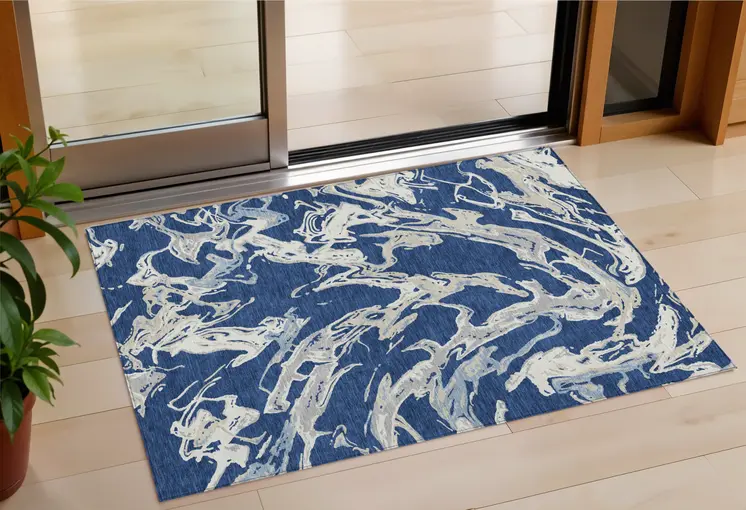 3' X 5' Navy Blue Gray And Ivory Abstract Washable Indoor Outdoor Area Rug