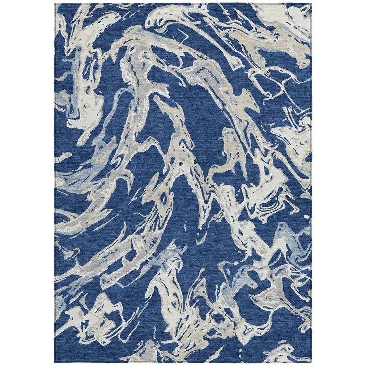 3' X 5' Navy Blue Gray And Ivory Abstract Washable Indoor Outdoor Area Rug