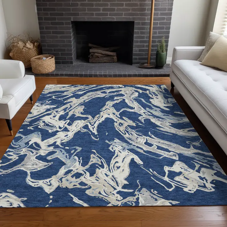 3' X 5' Navy Blue Gray And Ivory Abstract Washable Indoor Outdoor Area Rug