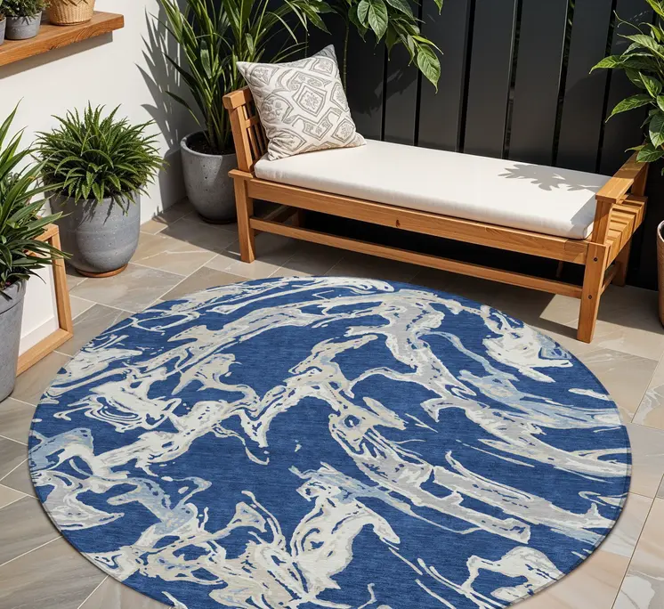 8' Navy Blue Gray And Ivory Round Abstract Washable Indoor Outdoor Area Rug