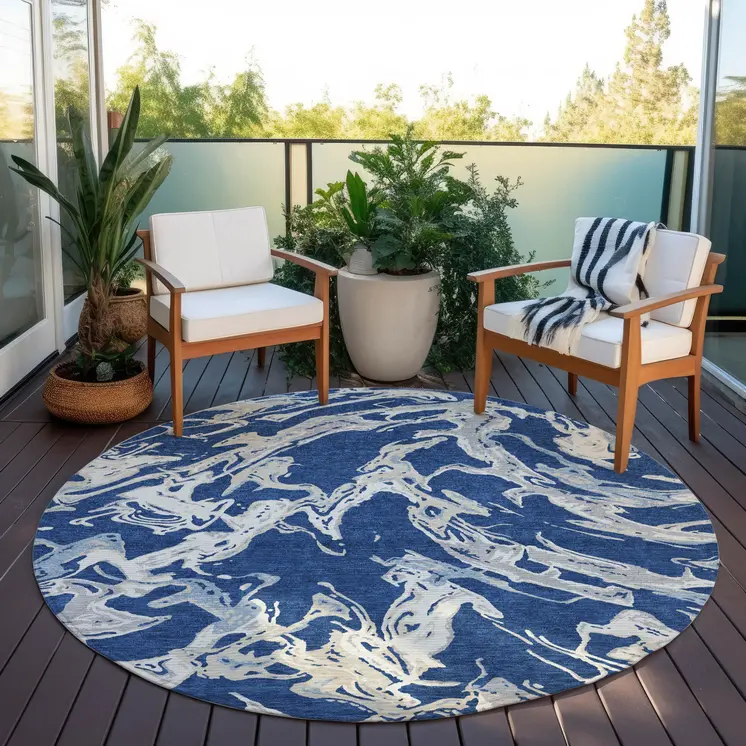 8' Navy Blue Gray And Ivory Round Abstract Washable Indoor Outdoor Area Rug