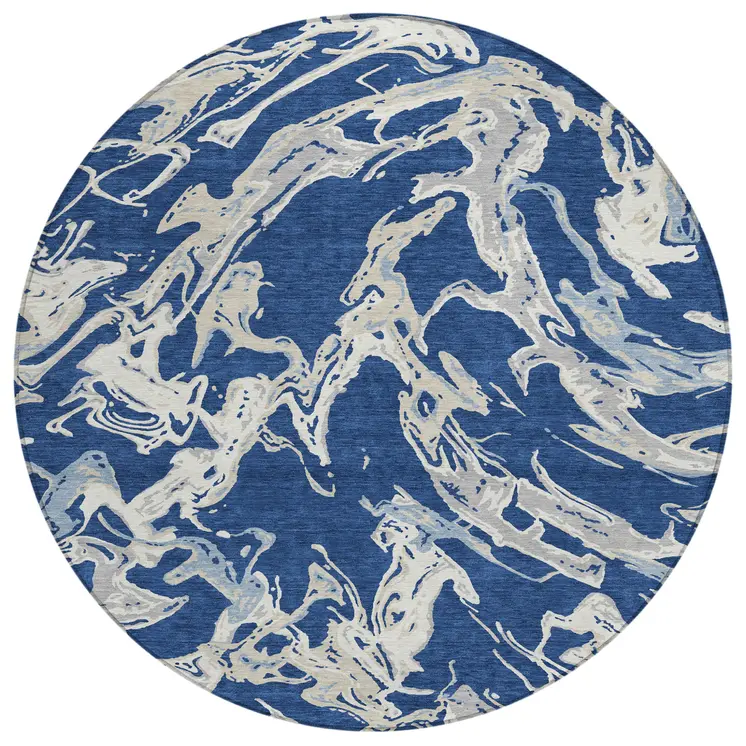 8' Navy Blue Gray And Ivory Round Abstract Washable Indoor Outdoor Area Rug