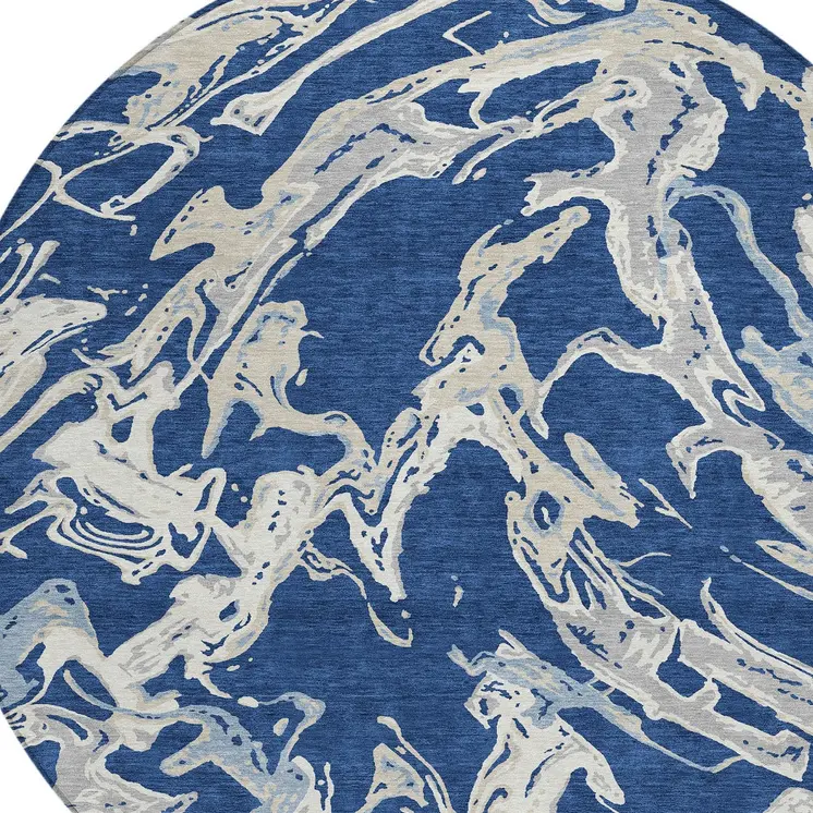 8' Navy Blue Gray And Ivory Round Abstract Washable Indoor Outdoor Area Rug