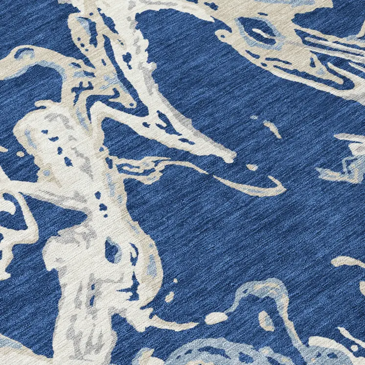 8' Navy Blue Gray And Ivory Round Abstract Washable Indoor Outdoor Area Rug