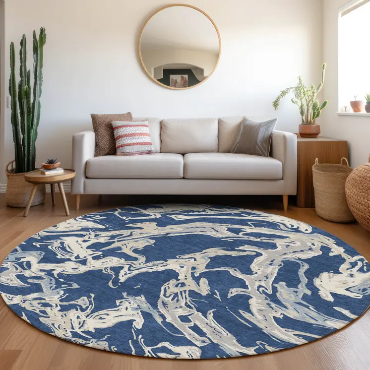 8' Navy Blue Gray And Ivory Round Abstract Washable Indoor Outdoor Area Rug