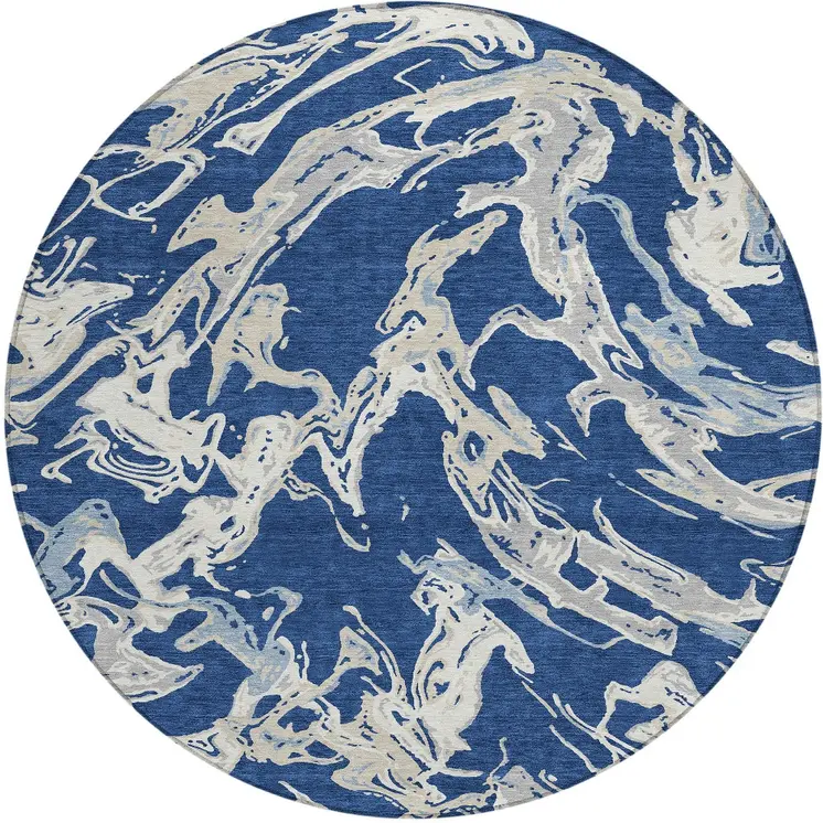 8' Navy Blue Gray And Ivory Round Abstract Washable Indoor Outdoor Area Rug