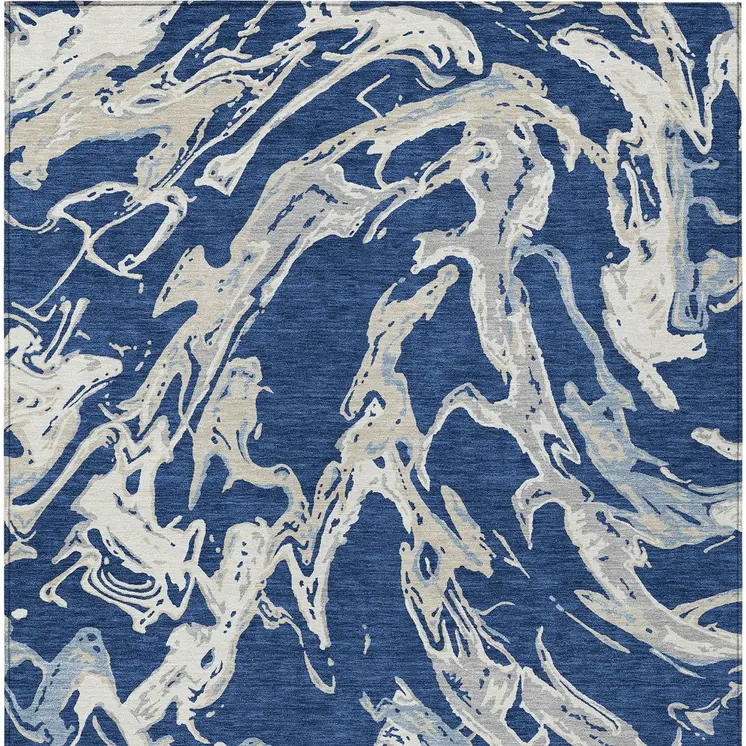 8' X 10' Navy Blue Gray And Ivory Abstract Washable Indoor Outdoor Area Rug