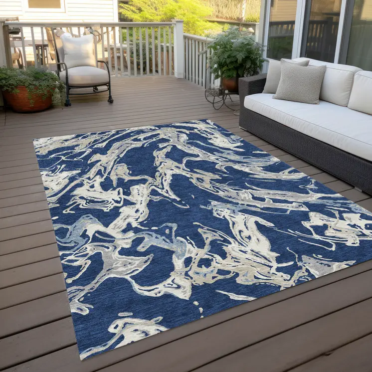 8' X 10' Navy Blue Gray And Ivory Abstract Washable Indoor Outdoor Area Rug