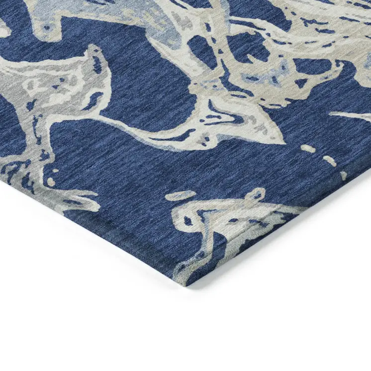 8' X 10' Navy Blue Gray And Ivory Abstract Washable Indoor Outdoor Area Rug