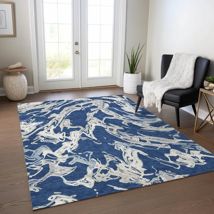 8' X 10' Navy Blue Gray And Ivory Abstract Washable Indoor Outdoor Area Rug