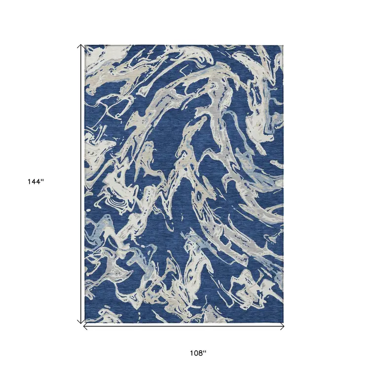 9' X 12' Navy Blue Gray And Ivory Abstract Washable Indoor Outdoor Area Rug