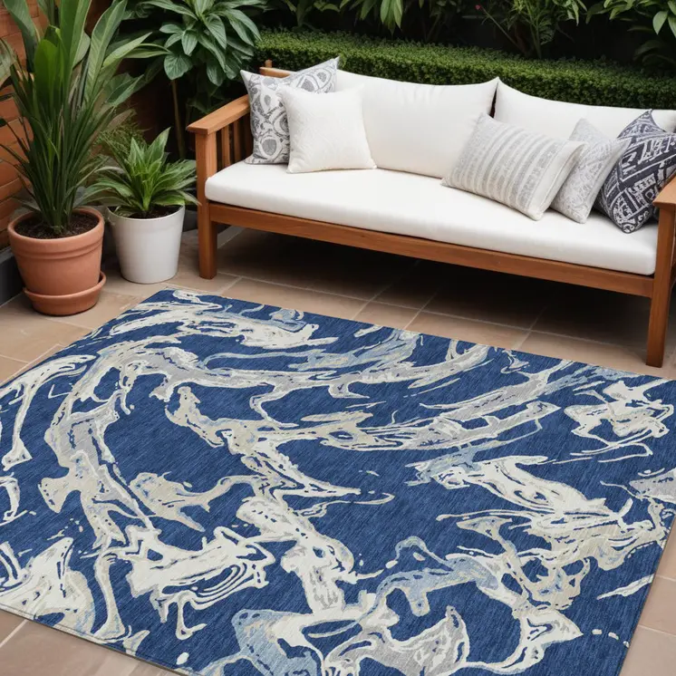 9' X 12' Navy Blue Gray And Ivory Abstract Washable Indoor Outdoor Area Rug