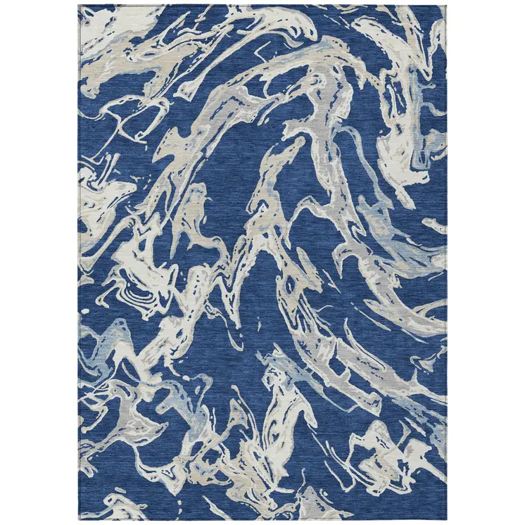 9' X 12' Navy Blue Gray And Ivory Abstract Washable Indoor Outdoor Area Rug