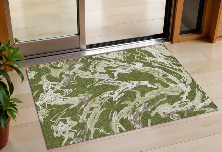 3' X 5' Olive Green And Ivory Abstract Washable Indoor Outdoor Area Rug