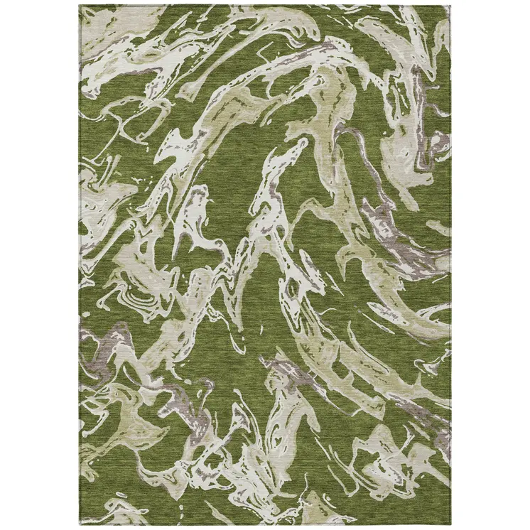 3' X 5' Olive Green And Ivory Abstract Washable Indoor Outdoor Area Rug