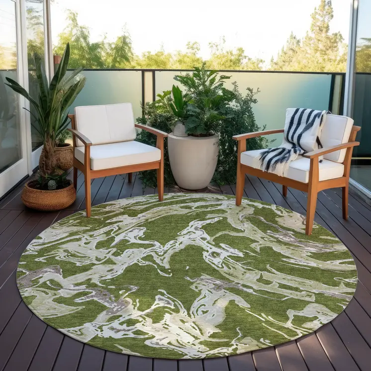 8' Olive Green And Ivory Round Abstract Washable Indoor Outdoor Area Rug