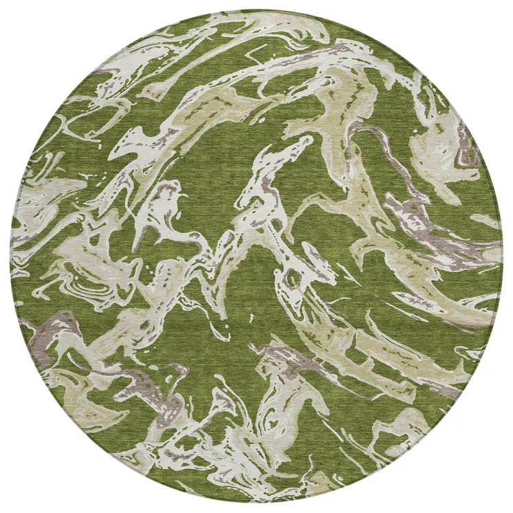 8' Olive Green And Ivory Round Abstract Washable Indoor Outdoor Area Rug