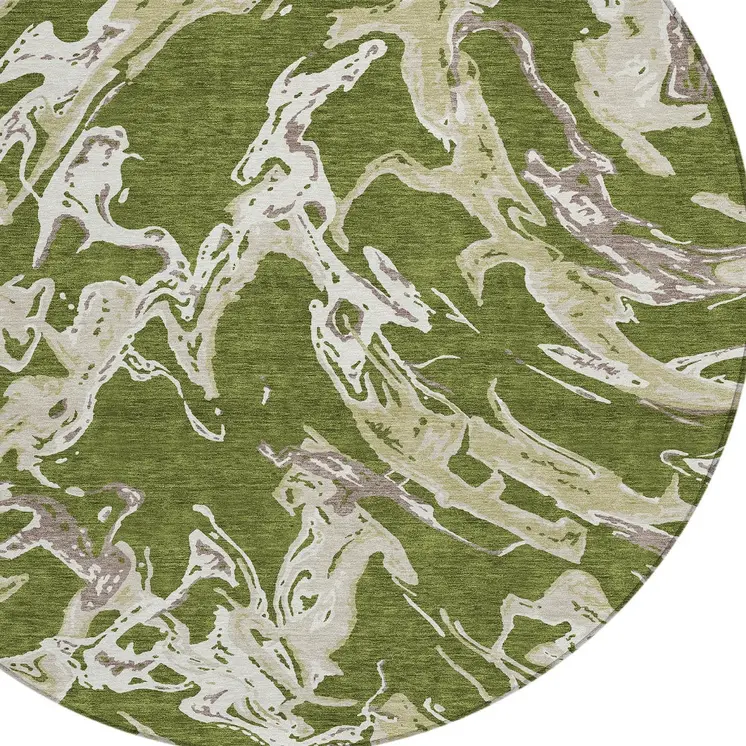 8' Olive Green And Ivory Round Abstract Washable Indoor Outdoor Area Rug