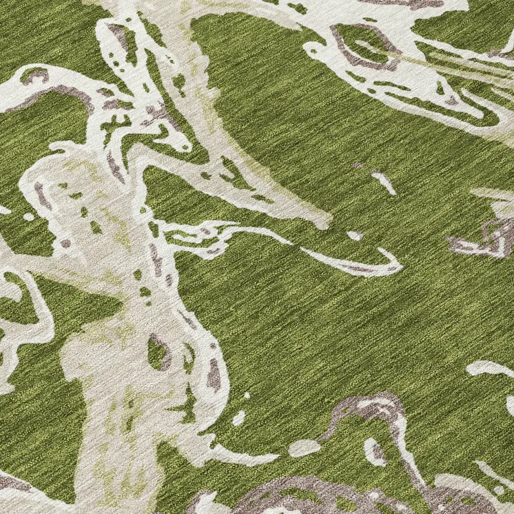 8' Olive Green And Ivory Round Abstract Washable Indoor Outdoor Area Rug
