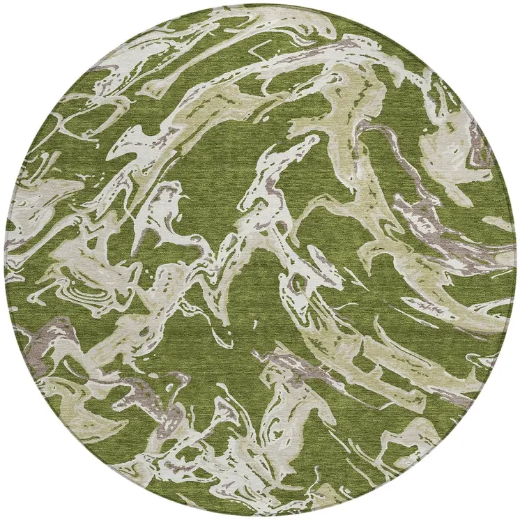 8' Olive Green And Ivory Round Abstract Washable Indoor Outdoor Area Rug