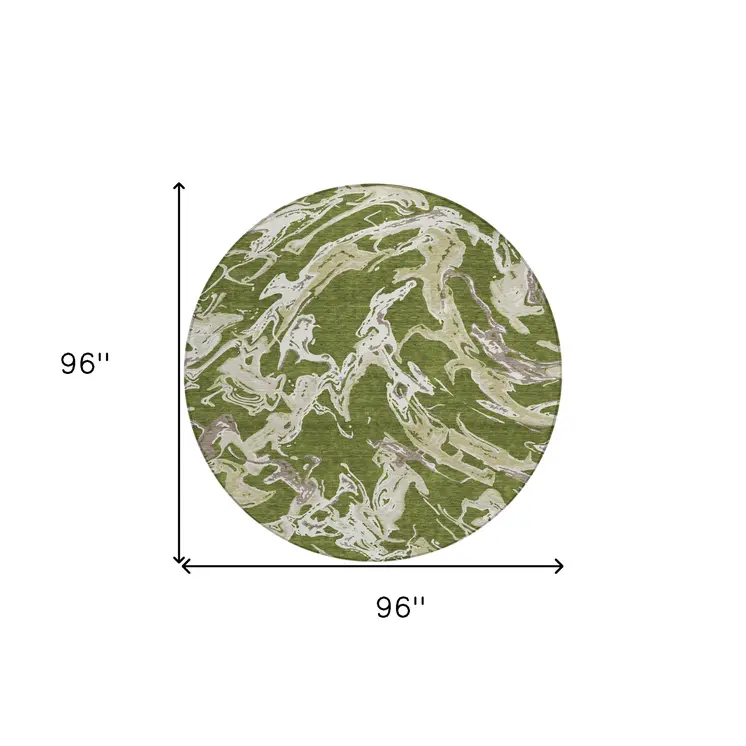 8' Olive Green And Ivory Round Abstract Washable Indoor Outdoor Area Rug
