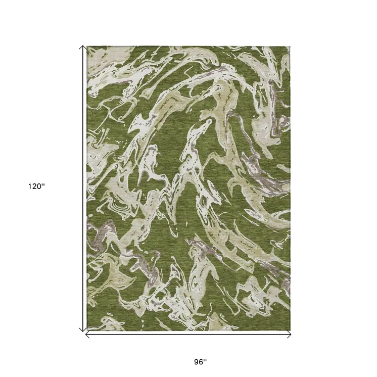 8' X 10' Olive Green And Ivory Abstract Washable Indoor Outdoor Area Rug