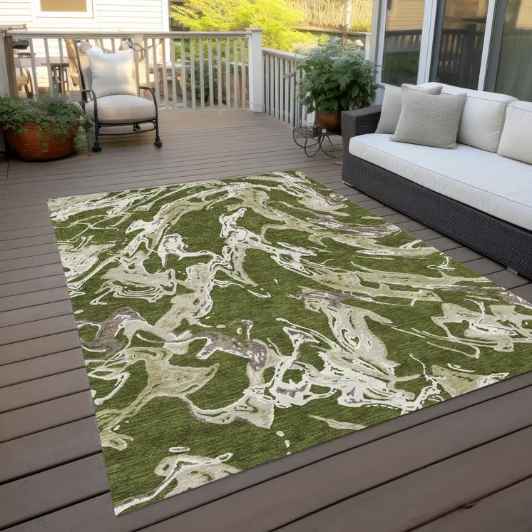 9' X 12' Olive Green And Ivory Abstract Washable Indoor Outdoor Area Rug