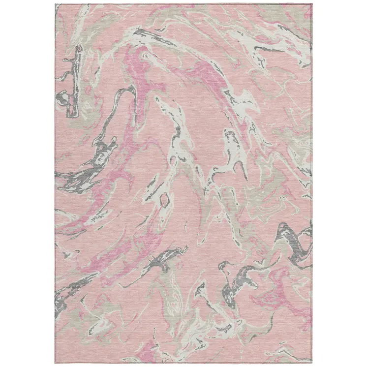 3' X 5' Pink Gray And Ivory Abstract Washable Indoor Outdoor Area Rug
