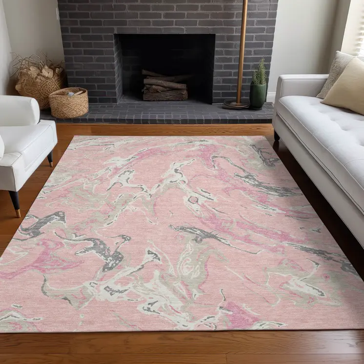 3' X 5' Pink Gray And Ivory Abstract Washable Indoor Outdoor Area Rug