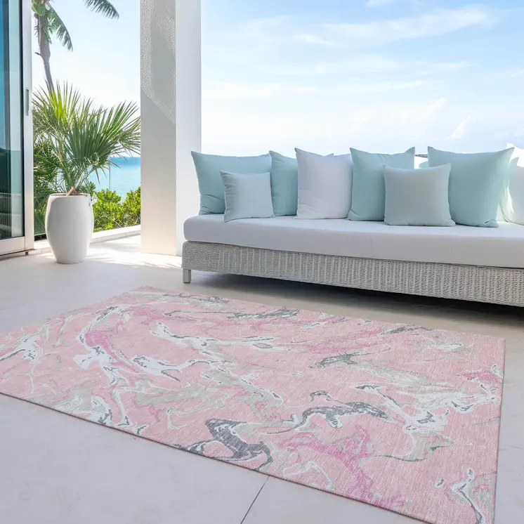 3' X 5' Pink Gray And Ivory Abstract Washable Indoor Outdoor Area Rug