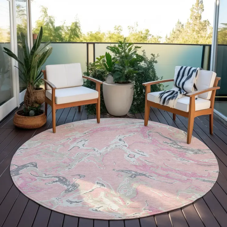 8' Pink Gray And Ivory Round Abstract Washable Indoor Outdoor Area Rug