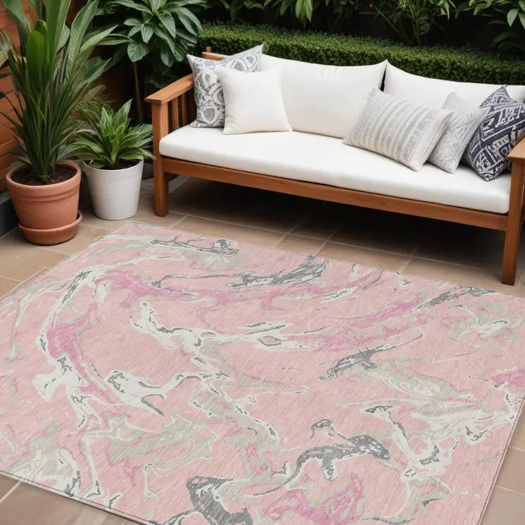 8' X 10' Pink Gray And Ivory Abstract Washable Indoor Outdoor Area Rug