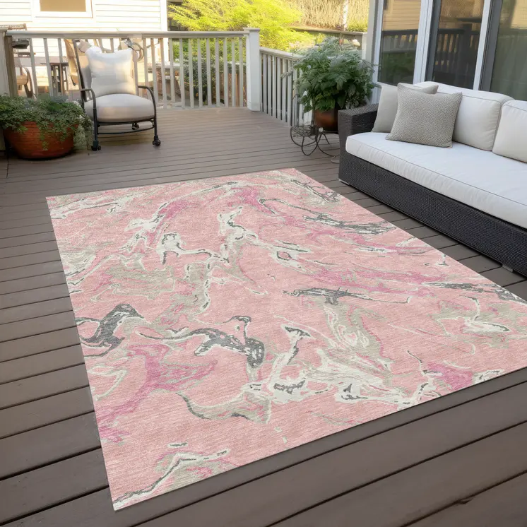 8' X 10' Pink Gray And Ivory Abstract Washable Indoor Outdoor Area Rug