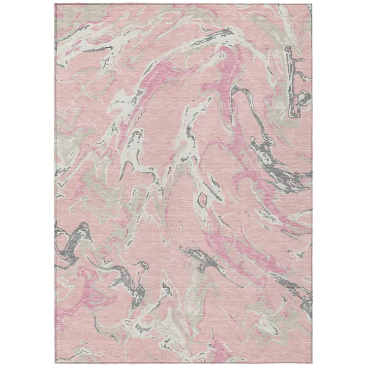 8' X 10' Pink Gray And Ivory Abstract Washable Indoor Outdoor Area Rug