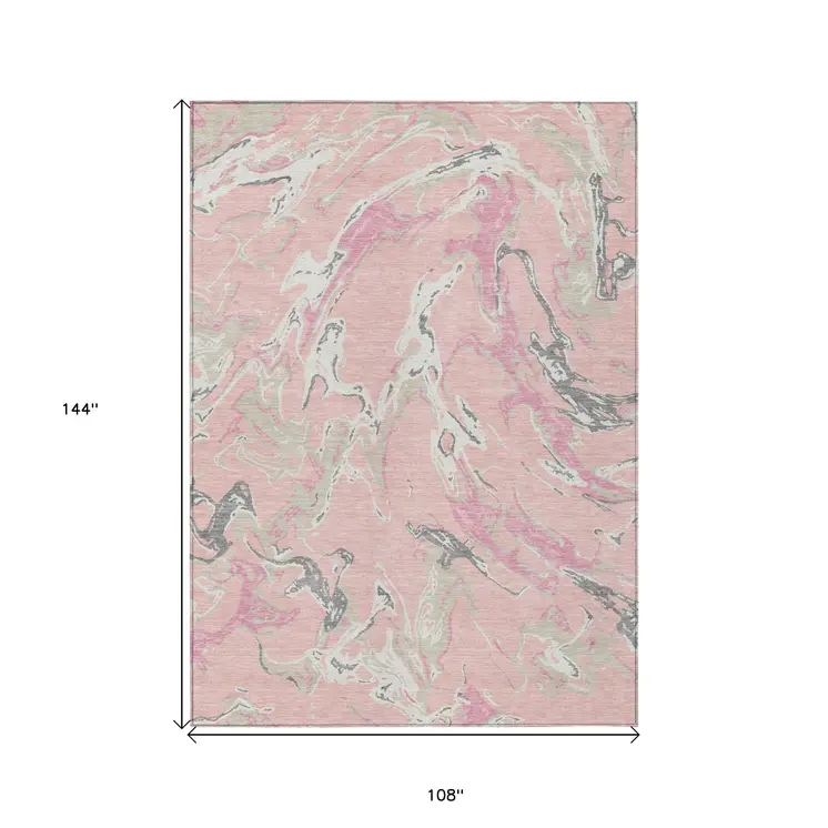 9' X 12' Pink Gray And Ivory Abstract Washable Indoor Outdoor Area Rug