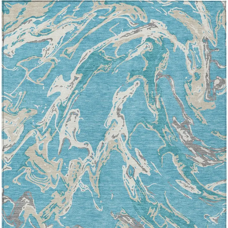 3' X 5' Teal Blue Ivory And Gray Abstract Washable Indoor Outdoor Area Rug