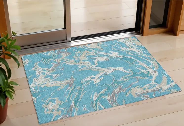 3' X 5' Teal Blue Ivory And Gray Abstract Washable Indoor Outdoor Area Rug