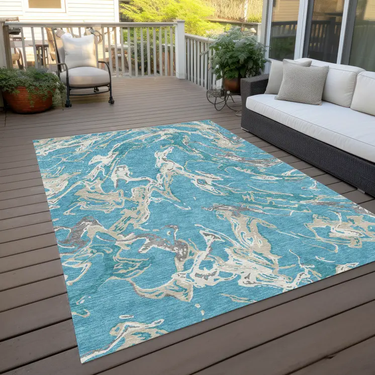 3' X 5' Teal Blue Ivory And Gray Abstract Washable Indoor Outdoor Area Rug