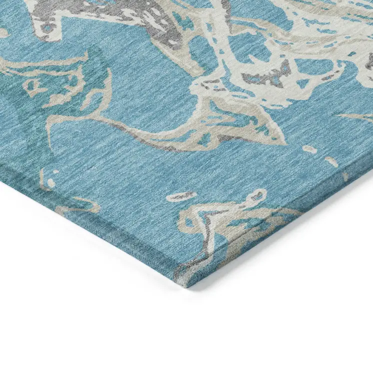 3' X 5' Teal Blue Ivory And Gray Abstract Washable Indoor Outdoor Area Rug